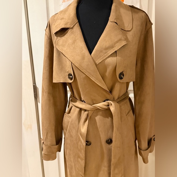 New Truth By Republic Elegant Tan Faux Suede Trench Coat Women's Size Medium - Picture 2 of 16